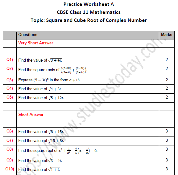 CBSE Class 11 Maths Square And Cube Root Of Complex Number Worksheet Set A